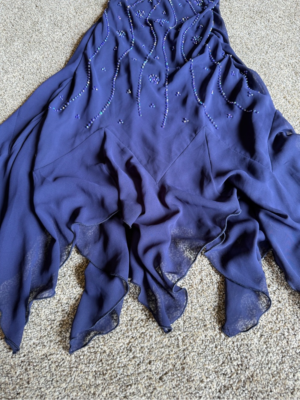 VTG Whimsigoth Navy Asymmetrical Beaded Handkerchief Hem Dress Sz 16 Fairy Y2K - Picture 3 of 9